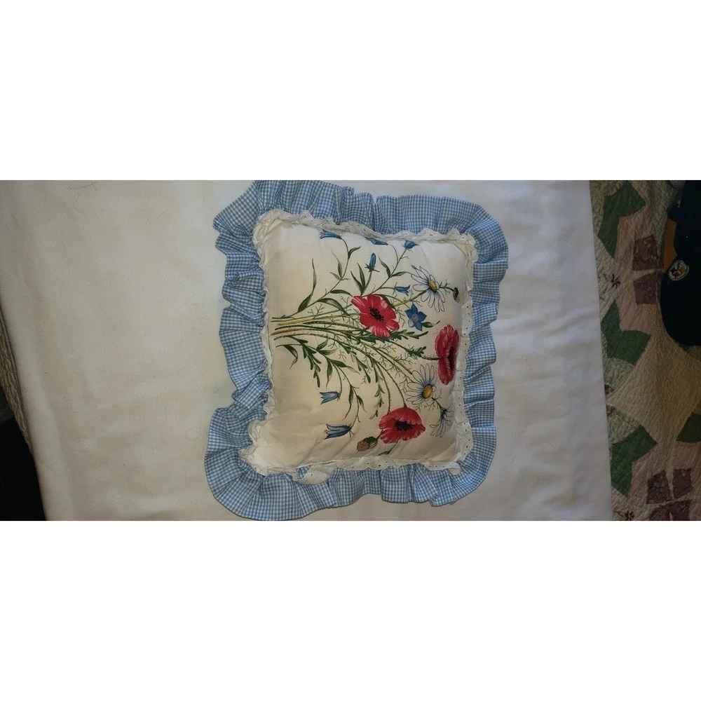 Vintage Floral Poppy Gingham Ruffle Throw Pillow Blue White Country Cottagecore